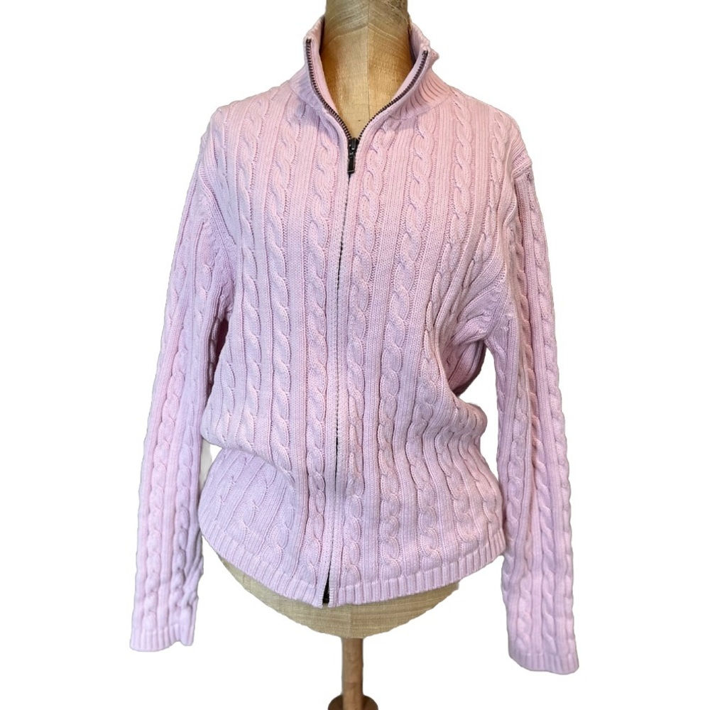 LL Bean Full Zip Cable Knit 100% Cotton Long Sleeve Cardigan Sweater Sz L Petite